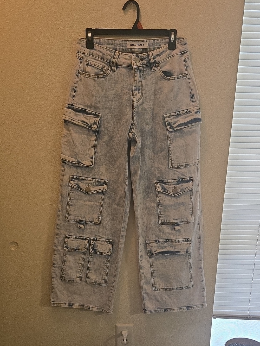 Girl Index Acid Wash Cargo Pocket Jeans - Light Blue